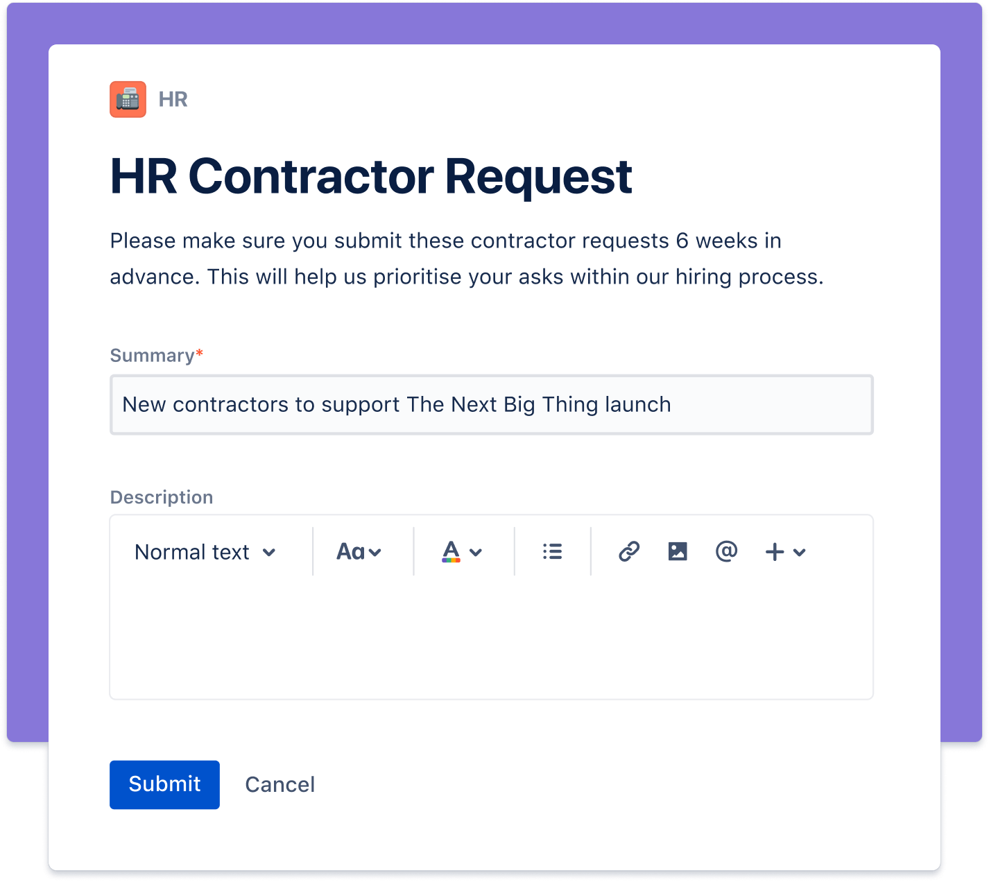 Captura de tela Solicitação de contratada de RH